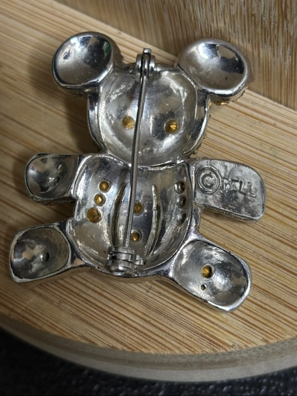 Vintage Rhinestone Teddy Bear Silver Tone Brooch Pin Signed Pell